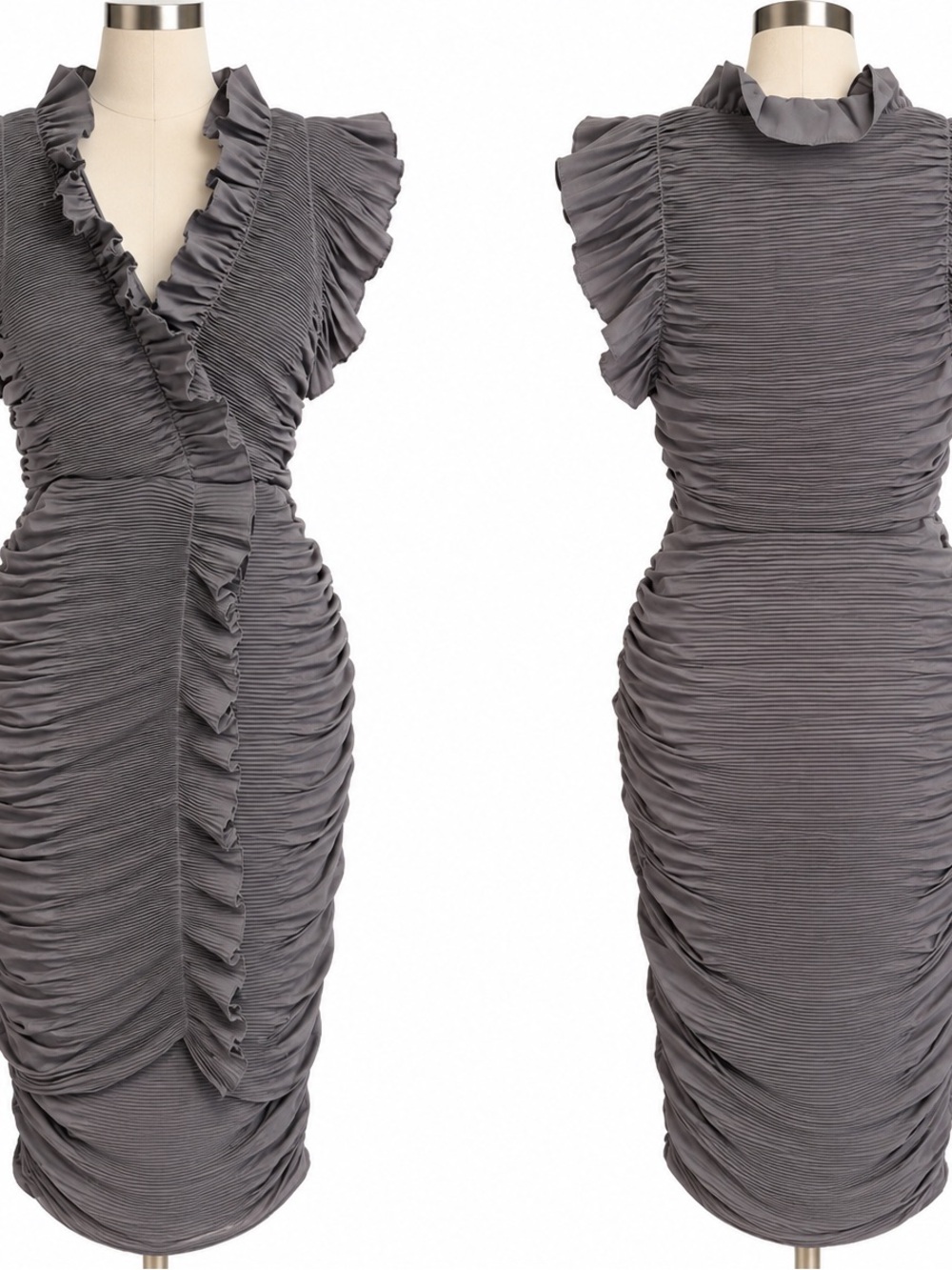 Ryu M Gray Ruched Ruffle Pleated Bodycon Cocktail Party Midi Y2K Romantic Dress